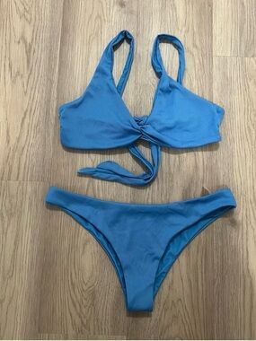 Romwe Blue Ribbed Bikini Set Knot Front Top Size Large